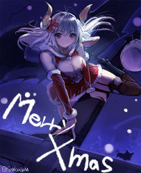 Rule 34 | 1girl, black thighhighs, boots, breasts, cat, center opening, christmas, cleavage, demon girl, demon horns, floating hair, fur trim, garter straps, hair ribbon, highres, horns, large breasts, looking at viewer, merry christmas, original, red eyes, red ribbon, red skirt, ribbon, sanbasou, santa costume, silver hair, skirt, smile, snow, solo, striped ribbon, thighhighs, twitter username