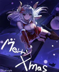 1girl black_thighhighs boots breasts cat center_opening christmas cleavage demon_girl demon_horns female_focus floating_hair fur_trim garter_straps hair_ribbon highres horns large_breasts looking_at_viewer merry_christmas original red_eyes red_ribbon red_skirt ribbon sanbasou santa_costume silver_hair skirt smile snow solo striped_ribbon thighhighs twitter_username