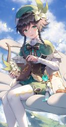 Rule 34 | 1boy, animal, ayuanlv, black hair, blue sky, braid, brown vest, capelet, cat, cloud, cloudy sky, day, feet out of frame, genshin impact, green capelet, green eyes, green hat, green shorts, hair between eyes, hat, highres, holding, holding instrument, instrument, lyre, male focus, outdoors, pantyhose, shirt, short shorts, shorts, sitting, sky, solo, twin braids, venti (genshin impact), vest, white pantyhose, white shirt