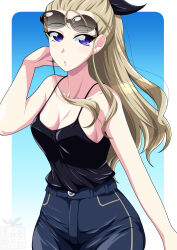 Rule 34 | 1girl, artist logo, assam (girls und panzer), black camisole, black ribbon, blonde hair, blue background, blue eyes, blue pants, breasts, camisole, casual, cleavage, commentary, cowboy shot, denim, eyewear on head, girls und panzer, hair pulled back, hair ribbon, hand in own hair, highres, ichijou takakiyo, jeans, long hair, looking at viewer, medium breasts, pants, parted lips, ribbon, rounded corners, solo, standing, sunglasses