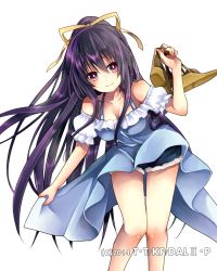 Rule 34 | 1girl, blue dress, blue shorts, breasts, cleavage, collarbone, date a live, dress, floating hair, fur trim, hair between eyes, hair ribbon, hibiki mio, holding, holding shoes, leaning forward, long hair, looking at viewer, medium breasts, ponytail, purple eyes, purple hair, ribbon, shiny skin, shoes, short shorts, short sleeves, shorts, simple background, smile, solo, standing, very long hair, white background, yatogami tooka, yellow ribbon