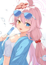 Rule 34 | 1girl, absurdres, ahoge, blue archive, blue jacket, blush, breasts, eyewear on head, feza chen (ushaku), food, highres, holding, holding food, hoshino (blue archive), hoshino (swimsuit) (blue archive), jacket, looking at viewer, navel, official alternate costume, open clothes, open jacket, pink hair, popsicle, simple background, small breasts, solo, sunglasses, tongue, tongue out, upper body, water drop, white background, yellow eyes