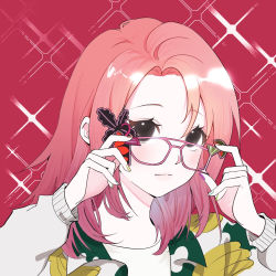 Rule 34 | 1girl, animification, black eyes, blue nails, chaeyoung (twice), collared shirt, glasses, hair behind ear, hands on eyewear, highres, idust, k-pop, medium hair, nail polish, pink hair, portrait, print shirt, purple nails, real life, shirt, solo, symbol-only commentary, t-shirt, twice (group), white shirt