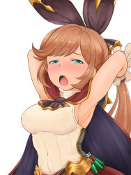 Rule 34 | 1girl, armpits, blue eyes, blush, breasts, brown hair, cape, clarisse (granblue fantasy), commentary request, dai (artist), covered erect nipples, gloves, granblue fantasy, hair ribbon, highres, long hair, looking at viewer, open mouth, ponytail, ribbon, simple background, solo, white background
