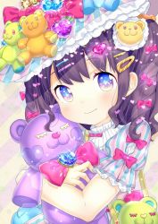 Rule 34 | 1girl, animal bag, bear bag, bear hair ornament, black hair, blush, bow, closed mouth, commentary request, dress, hair bobbles, hair bow, hair ornament, hairclip, hat, head tilt, heart, heart hair ornament, heart in eye, hugging object, looking at viewer, multiple hair bows, original, pink bow, puffy short sleeves, puffy sleeves, purple eyes, ringlets, short sleeves, smile, solo, sparkling eyes, striped clothes, striped dress, striped headwear, suzuki moeko, symbol in eye, two side up, vertical-striped clothes, vertical-striped dress, vertical-striped headwear, vertical-stripes