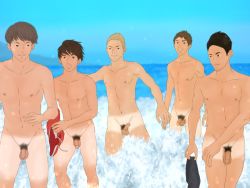 Rule 34 | 5boys, beach, dddd (id=13958301), male focus, multiple boys, nipples, ocean, outdoors, penis, pubic hair, smile, tan, tanline, testicles, undressing, water