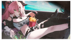 Rule 34 | 1girl, absurdres, blue sky, breasts, bucket of chicken, can, car, chicken (food), chicken leg, cleavage, closed mouth, cloud, drink can, dtd xy, eyelashes, feet on dashboard, film grain, floating hair, hair between eyes, hair ornament, hairclip, highres, holding, holding can, jewelry, large breasts, legs, long hair, looking at viewer, midriff, motor vehicle, navel, necklace, nicole demara, pink hair, reclining, short shorts, shorts, side-view mirror, single thighhigh, sitting, sky, soda can, solo, steering wheel, tank top, thighhighs, twintails, yellow eyes, zenless zone zero