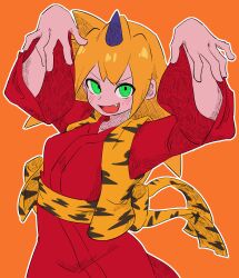 Rule 34 | 1girl, absurdres, black vest, blonde hair, blush, buzzlyears, fang, ghost pose, green eyes, highres, horns, looking at viewer, medium hair, mega man (series), mega man legends (series), oni, orange background, red robe, robe, roll caskett (mega man), simple background, single horn, solo, striped clothes, striped vest, two-tone vest, vest, yellow vest