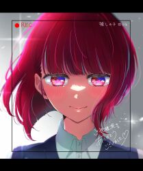 Rule 34 | 1girl, arima kana, blunt bangs, blush, bob cut, closed mouth, collared shirt, commentary request, copyright name, grey background, half-closed eyes, highres, letterboxed, looking down, matsuyama rion, oshi no ko, red eyes, red hair, shirt, short hair, solo, sparkle, upper body, viewfinder, white shirt