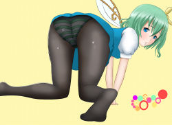 Rule 34 | 1girl, all fours, black pantyhose, blue eyes, daiyousei, fairy wings, feet, female focus, from behind, green hair, hifumi kei, looking back, no shoes, panties, panties under pantyhose, pantyhose, solo, striped clothes, striped panties, touhou, underwear, wings