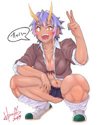 Rule 34 | 1girl, :d, aqua nails, arm rest, bare legs, bra, breasts, brown jacket, collarbone, collared shirt, crop top, cropped jacket, cropped shirt, dark-skinned female, dark skin, fingernails, full body, gluteal fold, hand up, hori shin, horns, jacket, jewelry, light purple hair, long sleeves, looking at viewer, medium breasts, microskirt, multicolored hair, nail polish, navel, open clothes, open jacket, open mouth, open shirt, orange eyes, original, panties, pendant, purple hair, shirt, shoes, short hair, sidelocks, signature, simple background, skirt, sleeves rolled up, smile, socks, solo, spread legs, squatting, stomach, thick thighs, thighs, toned, underwear, v, white hair, white shirt, white socks, wing collar