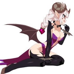 Rule 34 | 1girl, bare shoulders, bat wings, braid, clenched hand, detached sleeves, dungeon and fighter, firstw1, from side, full body, highres, horns, low wings, medium hair, nyarly the forbidden, revealing clothes, sheep horns, sitting, thighhighs, tongue, tongue out, twin braids, white background, white hair, wings, wrist cuffs