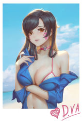Rule 34 | 1girl, alternate breast size, artist request, bare shoulders, beach, bikini, bikini top only, black hair, blue sky, breast hold, breasts, brown eyes, character name, choker, cleavage, d.va (overwatch), day, detexted, facial mark, heart, highres, large breasts, lips, long hair, navel, off shoulder, open clothes, open shirt, outdoors, overwatch, overwatch 1, parted lips, photo (object), shirt, sky, solo, sweat, swept bangs, swimsuit, third-party edit, white bikini