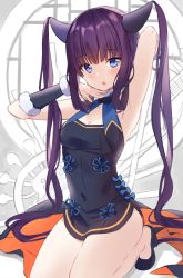 Rule 34 | 1girl, armpits, bare shoulders, black dress, black footwear, blue bow, blue eyes, blush, bow, breasts, chestnut mouth, cleavage, collarbone, commentary, dress, english commentary, fate/grand order, fate (series), hair ornament, hair rings, hands up, high heels, highres, hitsukuya, long hair, looking at viewer, parted lips, purple hair, seiza, shoes, sitting, sleeveless, sleeveless dress, small breasts, solo, twintails, very long hair, yang guifei (fate), yang guifei (second ascension) (fate)