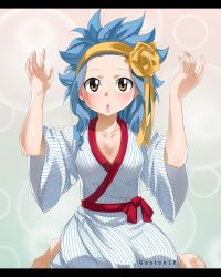 Rule 34 | 1girl, absurdres, artist name, barefoot, blue hair, breasts, brown eyes, chestnut mouth, cleavage, collarbone, fairy tail, flower, gaston18, grey background, hair flower, hair ornament, hair ribbon, hairband, highres, japanese clothes, kimono, letterboxed, levy mcgarden, long hair, looking up, mashima hiro, open mouth, ribbon, shiny skin, sitting, small breasts, solo, striped, vertical stripes, wariza, white kimono, wide sleeves, yellow flower, yellow hairband, yellow ribbon