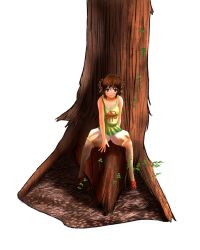 Rule 34 | 1girl, blue eyes, camisole, full body, loafers, original, shoes, shorts, sitting, solo, tree, vermillion (pixiv)