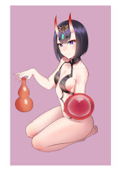 Rule 34 | 1girl, absurdres, bare shoulders, breasts, collarbone, commentary request, fate/grand order, fate (series), hair ornament, highres, holding, holding plate, horns, laan (0110), looking at viewer, oni, pink background, plate, purple eyes, purple hair, short hair, shuten douji (fate), simple background, skin-covered horns, small breasts, smile, solo