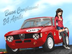 Rule 34 | 1girl, absurdres, alfa romeo, alfa romeo giulia, animal ears, black hair, black thighhighs, blue shorts, blue sky, breasts, car, character name, collared shirt, commentary, cutoffs, dark-skinned female, dark skin, dated, day, denim, denim shorts, dog ears, english commentary, eyewear on head, federica n. doglio, green eyes, happy birthday, highres, italian flag, italian text, jewelry, kuni-kun, long hair, long sleeves, looking at viewer, medium breasts, motor vehicle, necklace, open mouth, outdoors, partially unbuttoned, red shirt, road, shirt, shoes, short shorts, shorts, sky, smile, sneakers, solo, standing, strike witches: kurenai no majo-tachi, sunglasses, thighhighs, twitter username, vehicle focus, white footwear, world witches series