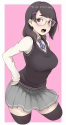 Rule 34 | 1girl, black thighhighs, blush, breasts, brown eyes, brown hair, cardigan, collared shirt, eyebrows, glasses, grey skirt, hair ornament, hairclip, hand on own hip, highres, ina (gokihoihoi), large breasts, long hair, long sleeves, looking at viewer, necktie, open mouth, original, pink-framed eyewear, pink background, pleated skirt, shirt, simple background, skirt, solo, teeth, thighhighs, tongue, white shirt