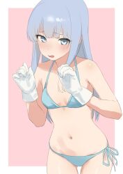 Rule 34 | 1girl, bad id, bad twitter id, bikini, blue bikini, blue eyes, blue hair, blunt bangs, blush, border, breasts, collarbone, cowboy shot, gloves, gluteal fold, hands up, hatsukaze (kancolle), highres, kantai collection, light blue hair, long hair, looking at viewer, navel, open mouth, outside border, pink background, sakieko, side-tie bikini bottom, sidelocks, simple background, small breasts, solo, standing, stomach, string bikini, swimsuit, white border, white gloves