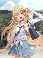 Rule 34 | 1girl, :d, bag, blonde hair, blue choker, blue necktie, blue skirt, blue sky, blurry, blurry background, bracelet, choker, cloud, collarbone, commentary request, day, ear piercing, earrings, fingernails, highres, jewelry, kabu (niniko2ko), kitagawa marin, long hair, long sleeves, looking at viewer, nail polish, necktie, open mouth, outdoors, piercing, pink eyes, plaid, plaid skirt, pleated skirt, red nails, school uniform, shirt, skirt, sky, smile, solo, sono bisque doll wa koi wo suru, standing, teeth, thighs, upper teeth only, w, white shirt