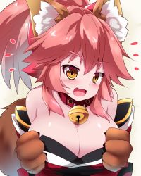 Rule 34 | 1girl, ^^^, animal ear fluff, animal ears, animal hands, bare shoulders, bell, blush, breasts, cat paws, cleavage, collar, detached sleeves, fang, fate/grand order, fate (series), fox ears, fox girl, fox tail, gloves, hair ribbon, jingle bell, large breasts, long hair, looking at viewer, neck bell, off shoulder, open mouth, paw gloves, pink hair, ponytail, red ribbon, ribbon, sivamaron, solo, tail, tamamo (fate), tamamo cat (fate), tamamo cat (first ascension) (fate), yellow eyes