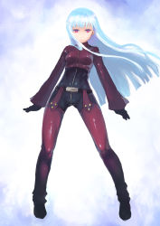 Rule 34 | 1girl, black bodysuit, black gloves, blue hair, bodysuit, breasts, chaps, closed mouth, cropped jacket, floating hair, frown, gloves, gluteal fold, highres, jacket, johan (johan13), kula diamond, legs apart, long sleeves, looking at viewer, medium breasts, purple jacket, red eyes, solo, standing, straight hair, the king of fighters