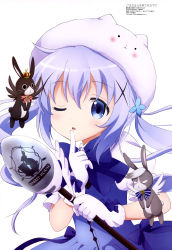Rule 34 | 1girl, :&lt;, ;d, absurdres, angora rabbit, animal, animal on head, anko (gochiusa), anko (gochuumon wa usagi desuka?), blue eyes, blush, bow, bowtie, breasts, crescent, crown, dress, english text, finger to mouth, from side, gloves, gochuumon wa usagi desu ka?, hair ornament, hairclip, highres, holding, kafuu chino, long hair, looking at viewer, magazine scan, magical girl, megami magazine, no pupils, o o, official art, on head, one eye closed, open mouth, puffy short sleeves, puffy sleeves, purple hair, rabbit, rabbit on head, scan, scar, scar across eye, scar on face, short sleeves, sidelocks, silhouette, silver hair, simple background, small breasts, smile, striped, tadano kazuko, tippy (gochiusa), tippy (gochuumon wa usagi desuka?), twintails, upper body, wand, white background, white gloves, wild geese, wings, x hair ornament