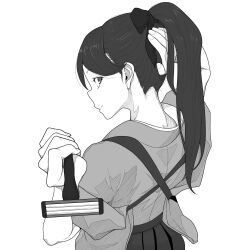 Rule 34 | 1girl, absurdres, closed mouth, greyscale, hair ribbon, hakama, highres, holding, holding razor, houshou (kancolle), japanese clothes, kantai collection, kimono, long hair, looking at viewer, looking back, monochrome, neck, ponytail, profile, razor, ribbon, simple background, solo, tasuki, tocky, wide sleeves