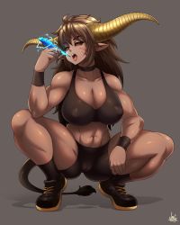 Rule 34 | 1girl, abs, absurdres, bike shorts, black bra, black choker, black skirt, bra, breasts, brown hair, cameltoe, capcom, choker, cleavage, collarbone, covered erect nipples, crystal, dark-skinned female, dark skin, facial scar, full body, grey background, highres, horns, jmg, large breasts, looking at viewer, monster girl, monster hunter, monster hunter: world, monster hunter (series), muscular, muscular female, open mouth, personification, pointy ears, rajang, red eyes, scar, scar on cheek, scar on face, sharp teeth, shoes, skirt, sneakers, solo, sports bra, spread legs, squatting, tail, teeth, thick thighs, thighs, tongue, tongue out, underwear