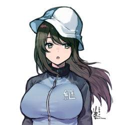 Rule 34 | 1girl, artist name, blue hat, blue jacket, breasts, brown eyes, brown hair, commentary, girls und panzer, hat, highres, jacket, keizoku military uniform, kimi tsuru, large breasts, long hair, long sleeves, looking at viewer, mika (girls und panzer), military, military uniform, open mouth, raglan sleeves, signature, simple background, solo, track jacket, tulip hat, uniform, upper body, white background, wind