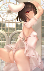 Rule 34 | 1girl, adapted costume, animal ears, arm up, ass, back, black hair, blurry, blurry background, blush, breasts, carrot necklace, commentary request, day, floppy ears, frilled sleeves, frills, highres, inaba tewi, jewelry, looking at viewer, necklace, outdoors, panties, puffy short sleeves, puffy sleeves, rabbit ears, red eyes, red ribbon, ribbon, ribbon-trimmed clothes, ribbon trim, short hair, short sleeves, shounen (hogehoge), small breasts, solo, standing, standing on one leg, touhou, underwear, white panties