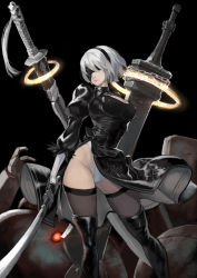 Rule 34 | 1girl, 2b (nier:automata), absurdres, bad id, bad pixiv id, black background, black dress, black footwear, black thighhighs, blindfold, boots, breasts, chain, cleavage cutout, clothing cutout, contrapposto, dress, feather trim, highres, kzhu, mole, mole under mouth, nier:automata, nier (series), pale skin, puffy sleeves, short hair, silver hair, simple background, solo, standing, sword, thigh boots, thighhighs, weapon