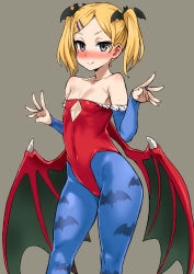Rule 34 | 1girl, animal print, asanagi, bare shoulders, bat hair ornament, bat print, blonde hair, blue pantyhose, blush, breasts, bridal gauntlets, cleavage, clothing cutout, cosplay, covered navel, demon girl, demon wings, hair ornament, hairclip, highleg, highleg leotard, highres, leotard, lilith aensland, lilith aensland (cosplay), low wings, mole, mole under eye, pantyhose, patterned legwear, print pantyhose, red leotard, shirobako, simple background, small breasts, smile, solo, strapless, strapless leotard, sweat, thighs, twintails, underboob, underboob cutout, vampire (game), wings, yano erika