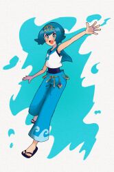 Rule 34 | 1girl, :d, blue eyes, blue hair, blue pants, blue sailor collar, blush, bright pupils, commentary request, creatures (company), flip-flops, freckles, full body, game freak, hairband, highres, lana (pokemon), mizu majuu (waterman10), nintendo, no sclera, one-piece swimsuit, open mouth, outstretched arm, pants, pokemon, pokemon sm, sailor collar, sandals, shirt, short hair, sleeveless, sleeveless shirt, smile, solo, swimsuit, swimsuit under clothes, toes, wave print, white pupils, white shirt, yellow hairband