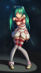 Rule 34 | 1girl, arms behind back, bdsm, blush, bondage, bound, breasts, cleft of venus, crotch rope, green eyes, green hair, hatsune miku, highres, himitsu (hi mi tsu 2), long hair, matching hair/eyes, nipples, pussy, pussy juice, rope, shibari, solo, tears, thighhighs, twintails, uncensored, very long hair, vocaloid