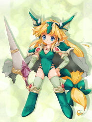 Rule 34 | 1girl, armor, bad id, bad pixiv id, blonde hair, blue eyes, boots, cape, dragon master, full body, green background, green footwear, hand on own hip, helmet, hip focus, knee boots, lance, leotard, long hair, low-tied long hair, pauldrons, polearm, riesz, seiken densetsu, seiken densetsu 3, shoulder armor, smile, solo, thighhighs, thighhighs under boots, very long hair, weapon, winged helmet, zipang (zip@ng works)
