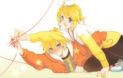 Rule 34 | 1boy, 1girl, alternate costume, bad id, bad pixiv id, blonde hair, blue eyes, blush, brother and sister, casual, contemporary, earrings, fashion, hair ornament, hair ribbon, hairclip, hood, hoodie, jewelry, juvenile (vocaloid), kagamine len, kagamine rin, kanke (yonkuma), lying, pantyhose, ribbon, short hair, siblings, smile, star (symbol), string, string of fate, twins, vocaloid