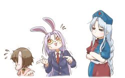 Rule 34 | 3girls, absurdres, animal ears, blue dress, blue hair, braid, braided ponytail, brown hair, carrot, carrot necklace, chamaji, collared shirt, colored sclera, commentary request, cross, crossed arms, dress, floppy ears, flying sweatdrops, grey hair, hat, highres, inaba tewi, jacket, jewelry, light blue hair, long hair, long sleeves, multicolored clothes, multicolored dress, multiple girls, necklace, necktie, nervous, nurse cap, pink dress, pointing, rabbit ears, rabbit girl, red cross, red dress, red eyes, reisen udongein inaba, shirt, short hair, short sleeves, sidelocks, sweat, symbol-shaped pupils, tie clip, touhou, trembling, unamused, upper body, white background, white shirt, yagokoro eirin