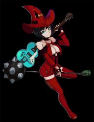 Rule 34 | 1girl, aqua eyes, bare shoulders, black background, black hair, bob cut, boots, breasts, collar, electric guitar, fingerless gloves, gloves, green eyes, guilty gear, guitar, hat, heterochromia, highres, i-no, instrument, large breasts, microphone, o-ring, o-ring top, red footwear, red hat, red thighhighs, saitou (uzizane), smile, solo, thigh boots, thighhighs, underboob, witch hat, zettai ryouiki