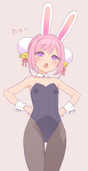 Rule 34 | 1girl, animal ears, bare shoulders, bell, black leotard, black pantyhose, blush, breasts, brown background, chestnut mouth, collar, collarbone, commentary, copyright request, detached collar, hair bell, hair ornament, hands on own hips, highres, jigatei (omijin), jingle bell, leotard, looking at viewer, open mouth, pantyhose, pink hair, purple eyes, rabbit ears, simple background, small breasts, solo, strapless, strapless leotard, symbol-only commentary, teeth, thigh gap, upper teeth only, white collar, wing collar, wrist cuffs
