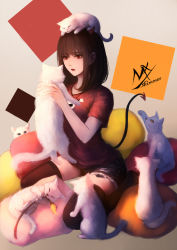 Rule 34 | 1girl, animal, animal on head, artist name, black thighhighs, brown hair, cat, cat on head, cat teaser, cutoffs, demon tail, denim, denim shorts, full body, highres, holding, holding animal, holding cat, horns, jewelry, lips, long hair, looking at viewer, necklace, on head, open mouth, original, pillow, red eyes, red lips, shimmer, shirt, short sleeves, shorts, sitting, solo, t-shirt, tail, thighhighs, wariza, white cat