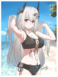 Rule 34 | 1girl, alt text, alternate costume, arknights, armpits, beach, bikini, black bikini, blush, breasts, cleavage, commentary, cowboy shot, cross-laced bikini, cross-laced clothes, day, demon horns, ear piercing, expressionless, fuusuke (fusuke208), hair between eyes, hair ornament, hands in hair, highres, horns, long hair, looking at viewer, material growth, medium breasts, mudrock (arknights), navel, ocean, oripathy lesion (arknights), outdoors, parted lips, piercing, pointy ears, red eyes, side-tie bikini bottom, silver hair, solo, standing, stomach, swimsuit, twitter username