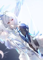 Rule 34 | 1girl, absurdres, bare shoulders, blindfold, blue dress, breasts, closed mouth, detached sleeves, different reflection, dress, flower, highres, honkai: star rail, honkai (series), icicle, jingliu (honkai: star rail), light rays, ling414353, long hair, looking to the side, lying, medium breasts, on back, planted, planted sword, planted weapon, ponytail, red eyes, reflection, solo, sword, weapon, white flower, white hair