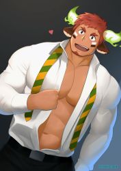 Rule 34 | 1boy, abs, absurdres, animal ears, bara, bare pectorals, belt, black belt, black pants, brown eyes, brown hair, bulge, collared shirt, cow boy, cow ears, cow horns, cowboy shot, dark-skinned male, dark skin, dutch angle, facial hair, fiery horns, forked eyebrows, formal, glowing horns, goatee, heart, highres, horns, large pectorals, male focus, mikicat, muscular, muscular male, navel, necktie, unworn necktie, official alternate costume, open clothes, open mouth, open shirt, pants, pectoral cleavage, pectorals, shirt, short hair, smile, solo, spiked hair, stomach, stubble, thick eyebrows, tokyo houkago summoners, undone necktie, undressing, wakan tanka, white shirt