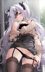 Rule 34 | 1girl, absurdres, azur lane, bare shoulders, black bow, black bra, black garter straps, black hair, black panties, black skirt, black thighhighs, blush, bow, bra, breasts, brown sweater, cleavage, cleft of venus, closed mouth, commentary request, cowboy shot, elbe (azur lane), elbe (pure-hearted bad girl) (azur lane), garter straps, hair bow, highres, lace, lace-trimmed bra, lace-trimmed panties, lace trim, large breasts, long hair, looking at viewer, multicolored hair, nail polish, nipples, off shoulder, official alternate costume, one breast out, panties, panty pull, pulling own clothes, pussy, raised eyebrows, skirt, solo, streaked hair, sweat, sweater, thighhighs, thighs, turtleneck, twintails, two-tone hair, underwear, very long hair, wavy hair, white hair, yana mori