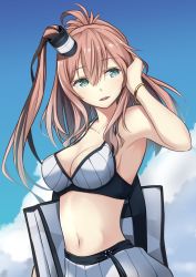 Rule 34 | 1girl, artworks/77576602, bag, bikini, bikini skirt, blue eyes, blush, breasts, brown hair, cleavage, cloud, commentary request, day, hair between eyes, hair ornament, highres, kantai collection, long hair, navel, negahami, open mouth, outdoors, ponytail, saratoga (kancolle), side ponytail, sidelocks, sky, smokestack, solo, striped bikini, striped clothes, swimsuit, white bikini, wristband
