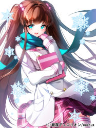 Rule 34 | 1girl, aile (crossroads), blue eyes, blush, book, brown hair, copyright name, gloves, happy, junketsu duelion, long hair, official art, pink gloves, saotome asuna, scarf, skirt, snow, solo, thighhighs, twintails
