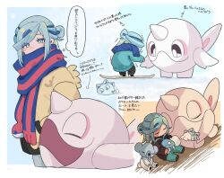 Rule 34 | 1boy, 217 shion 407, androgynous, black sweater, blue eyes, blue hair, blue mittens, blue scarf, cetoddle, closed eyes, creatures (company), cubchoo, game freak, gen 3 pokemon, gen 5 pokemon, gen 8 pokemon, grusha (pokemon), highres, holding, holding pokemon, jacket, long hair, long sleeves, mittens, nintendo, pants, pokemon, pokemon (creature), pokemon sv, scarf, scarf over mouth, sleeping, snom, snowboard, snowboarding, striped clothes, striped scarf, swablu, sweater, yellow jacket