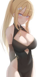 Rule 34 | 1girl, arm warmers, arms behind back, bare shoulders, blonde hair, blue eyes, breasts, can zhu, china dress, chinese clothes, cleavage, cleavage cutout, clothing cutout, cowboy shot, dress, gold trim, hair ornament, hairclip, highres, large breasts, long hair, looking at viewer, no panties, original, pelvic curtain, ponytail, sleeveless, sleeveless dress, smile, solo, thighs, underboob cutout